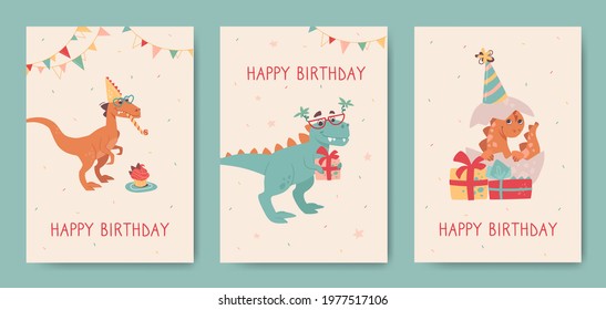 Happy birthday,  greeting cards with dinosaurs. Velociraptor, tyrannosaurus and small newborn dino hatched from an egg. Funny dinosaurs on holiday cards for kids. Vector posters,cartoon style on beige