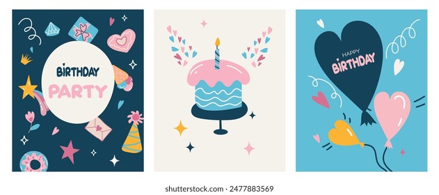 Feliz cumpleaños. Tarjetas de felicitación. Folleto, folleto, concepto de folleto con ilustraciones planas. Invitación a la celebración. Tarjetas imprimibles. Torta de cumpleaños, velas, globos. 