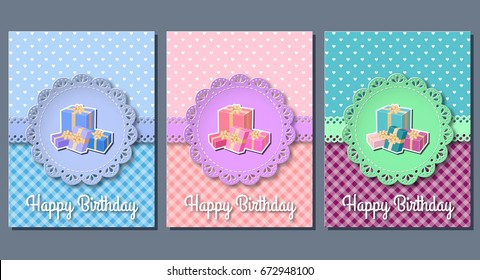 Happy birthday greeting cards with gift boxes. Set of holiday templates. Vector illustration. Invitation background