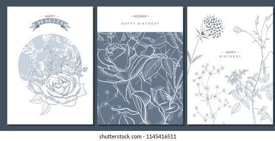 Happy birthday greeting cards with hand drawn flowers.Vector illustration. Trendy background. Modern set of abstract card, template,posters,invitation