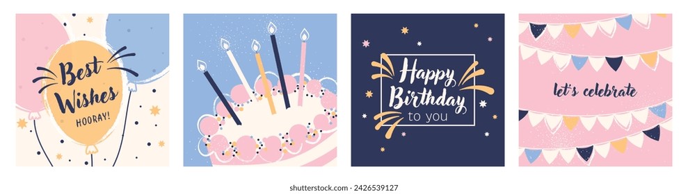 Feliz cumpleaños. Tarjetas de felicitación. Invitación a la celebración. Deseos de cumpleaños en línea. Tarjetas imprimibles. Tarta de cumpleaños, velas, globos y banderas festivas. Saludos