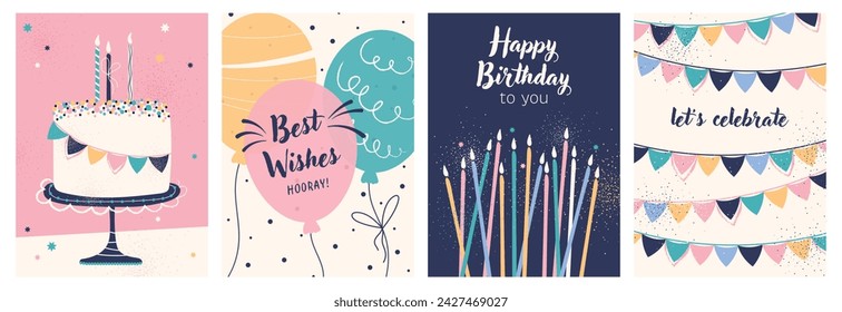 Happy Birthday. Birthday greeting cards. Invitation to the celebration. Online birthday wishes. Printable cards. Birthday cake, candles, balloons, and festive flags. Greetings