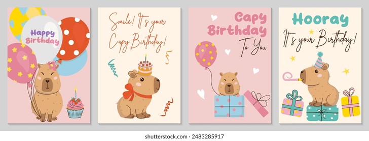 Happy Birthday greeting cards or invitations in funky hand-drawn style with cute capybara, balloons, cake and gifts. Capy birthday text. Amusing capibara character. Vector templates for party, event.