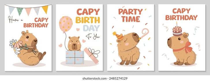 Happy Birthday greeting cards or invitations in hand-drawn style with cute capybara, balloon, cake, flowers, garland. Capy birthday text. Amusing capibara character. Vector templates for party, event.