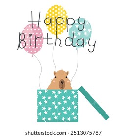 Tarjetas de felicitación de feliz cumpleaños o invitaciones en estilo funky dibujado a mano con lindo capibara, globos, pastel y regalos. Texto de cumpleaños. Divertido personaje capibara. Plantillas de Vector para fiesta, evento.