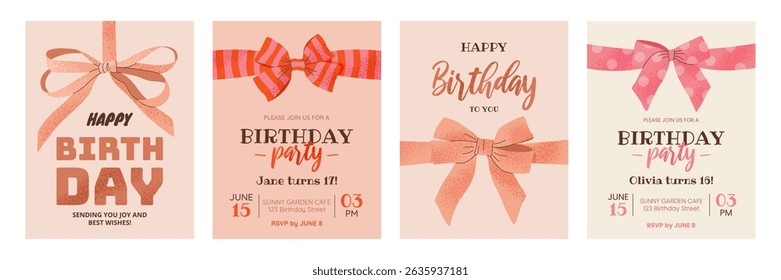 Happy Birthday greeting cards and party invitations set. Vertical templates with decorative bows and text. Cute festive design for birthday celebration. Hand drawn grainy vector illustrations. 