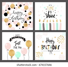 Happy birthday greeting cards and party invitation templates with lettering text. Vector illustration. Hand drawn style