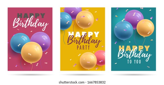 Happy Birthday Greeting Cards Poster Set With Bright 3d Round Shaped Air Balloons And Calligraphy Greeting For Girls And Boys, Template Layout Concept