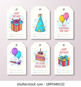 Happy Birthday Greeting Cards or Ready-to-Use Gift Tags or Labels Templates Set. Hand Drawn Cake, Balloons and Gift Boxes Sketch Illustrations. Holiday Celebration Design Layouts Bundle. Isolated.