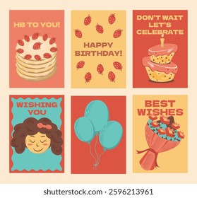 Happy Birthday Greeting Cards in Retro Cartoon Style. Celebration posters with cakes, flowers and sweets. Vector bright template for party, event