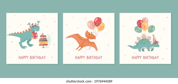 Happy birthday greeting cards set. Tyrannosaur rex, stegosaurus, pteranodon,  Balloons, cakes, gifts. Funny dinosaurs on holiday cards for kids. Vector, cartoon style