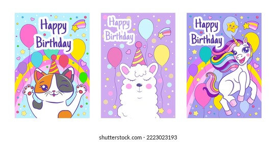 Tarjetas de felicitación de cumpleaños con arcoiris y gatito lindo, llama y unicornio. Afiche de feriado vectorial