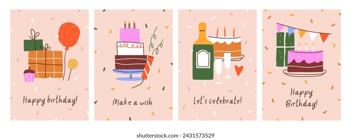 Happy Birthday, greeting cards set. Anniversary holiday, postcard backgrounds with cake, candles, gift, champagne, wineglasses, balloon, firecracker. Festive poster designs. Flat vector illustrations