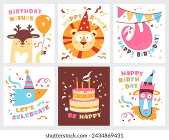 Happy birthday greeting cards set with cute kawaii animals and funny childish design vector illustration. Party postcards templates with congratulations and decorative artistic characters prints