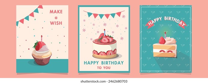 Happy birthday greeting cards set. Vector greeting card with strawberry cake and cute typography.