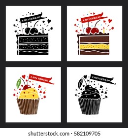 Happy birthday greeting cards set. Vector illustrations with cupcake and cake. Greeting card template.