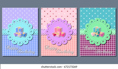 Happy birthday greeting cards. Set of holiday templates. Vector illustration. Invitation background. 