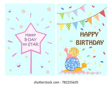 Happy birthday greeting cards templates  for kids, set of postcards, vector illustration.