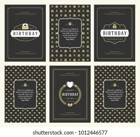 Happy Birthday greeting cards typographic design set vector illustration. Vintage birthday badge or label with wish message and pattern backgrounds.