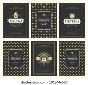 Happy Birthday greeting cards typographic design set vector illustration. Vintage birthday badge or label with wish message and pattern backgrounds.