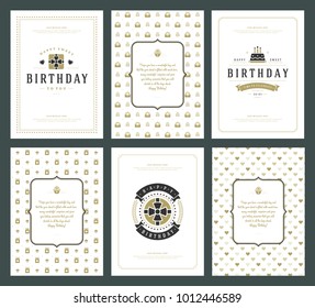 Happy Birthday greeting cards typographic design set vector illustration. Vintage birthday badge or label with wish message and pattern backgrounds.
