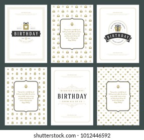 Happy Birthday greeting cards typographic design set vector illustration. Vintage birthday badge or label with wish message and pattern backgrounds.