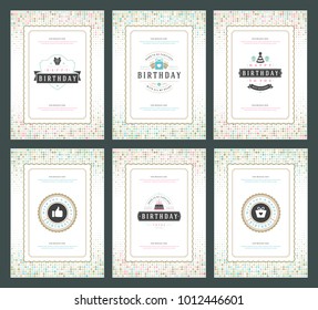 Happy Birthday greeting cards typographic design set vector illustration. Vintage birthday badge or label with wish message and halftone backgrounds.