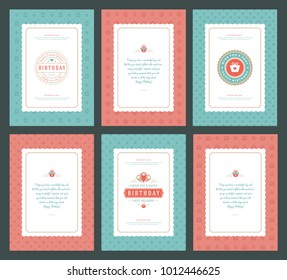 Happy Birthday greeting cards typographic design set vector illustration. Vintage birthday badge or label with wish message and pattern backgrounds.