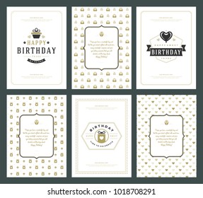 Happy Birthday greeting cards typographic design set vector illustration. Vintage birthday badge or label with wish message and pattern backgrounds.