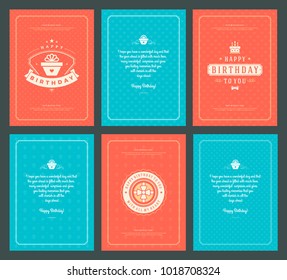 Happy Birthday greeting cards typographic design set vector illustration. Vintage birthday badge or label with wish message and pattern backgrounds.