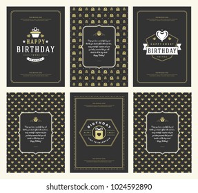 Happy Birthday greeting cards typographic design set vector illustration. Vintage birthday badge or label with wish message and pattern backgrounds.