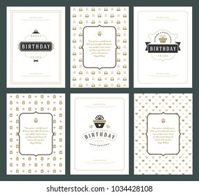 Happy Birthday greeting cards typographic design set vector illustration. Vintage birthday badge or label with wish message and pattern backgrounds.