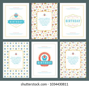 Happy Birthday greeting cards typographic design set vector illustration. Vintage birthday badge or label with wish message and pattern backgrounds.