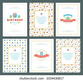 Happy Birthday greeting cards typographic design set vector illustration. Vintage birthday badge or label with wish message and pattern backgrounds.