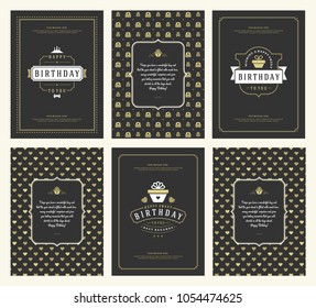 Happy Birthday greeting cards typographic design set vector illustration. Vintage birthday badge or label with wish message and pattern backgrounds.