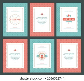 Happy Birthday greeting cards typographic design set vector illustration. Vintage birthday badge or label with wish message and pattern backgrounds. Happy Birthday greeting cards typographic design set vector illustration. Vintage birthday badge or label with wish message and pattern backgrounds.