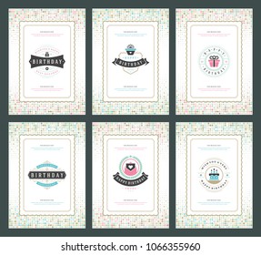 Happy Birthday greeting cards typographic design set vector illustration. Vintage birthday badge or label with wish message and halftone backgrounds.