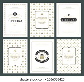 Happy Birthday greeting cards typographic design set vector illustration. Vintage birthday badge or label with wish message and pattern backgrounds.