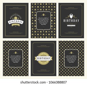 Happy Birthday greeting cards typographic design set vector illustration. Vintage birthday badge or label with wish message and pattern backgrounds.
