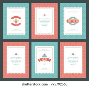 Happy Birthday greeting cards typographic design set vector illustration. Vintage birthday badge or label with wish message and pattern backgrounds.