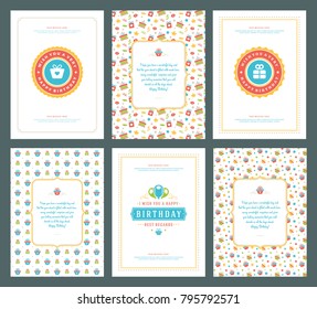 Happy Birthday greeting cards typographic design set vector illustration. Vintage birthday badge or label with wish message and pattern backgrounds.
