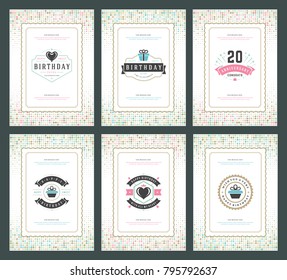 Happy Birthday greeting cards typographic design set vector illustration. Vintage birthday badge or label with wish message and halftone backgrounds.