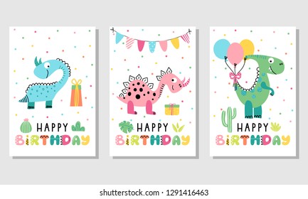 Happy birthday greeting cards. Vector hand drawn templates for kids birthday with cute dinosaurs.