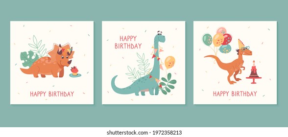 Happy birthday greeting cards. Velociraptor, brontosaurus , Triceratops,  balloons, bunting, cakes, gifts. Funny dinosaurs on holiday cards for kids. Vector posters, cartoon style.