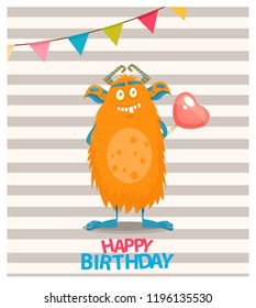 happy birthday greeting with cartoon monster