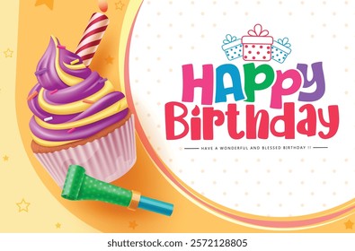 Happy birthday greeting clipart background design. Birthday greeting text and wishes with sweet cupcake, blowing balloon and candle clip art elements in printed abstract background. Vector 