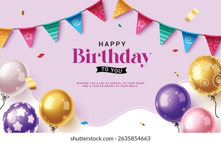 Happy birthday greeting clipart background design. Birthday greeting and wishes in purple abstract background with colorful pennants and floating balloons clip art for party decoration elements vector