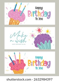 Happy birthday greeting clipart banner set. Birthday wishes and invitation card clip art with cup cake, candles and confetti colorful elements in white background collection vector illustration. 
