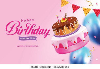 Happy birthday greeting clipart banner design. Birthday greeting text and wishes with cake strawberry and chocolate flavor in pink background banner template clip art vector illustration.
