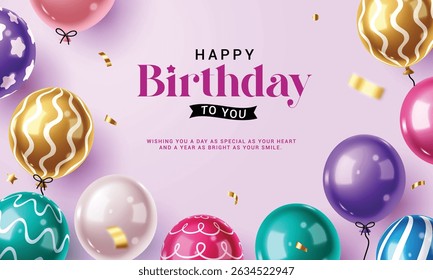 Happy birthday greeting clipart banner design. Birthday greeting and wishes in purple background with colorful balloons clip art poster card template vector illustration.
